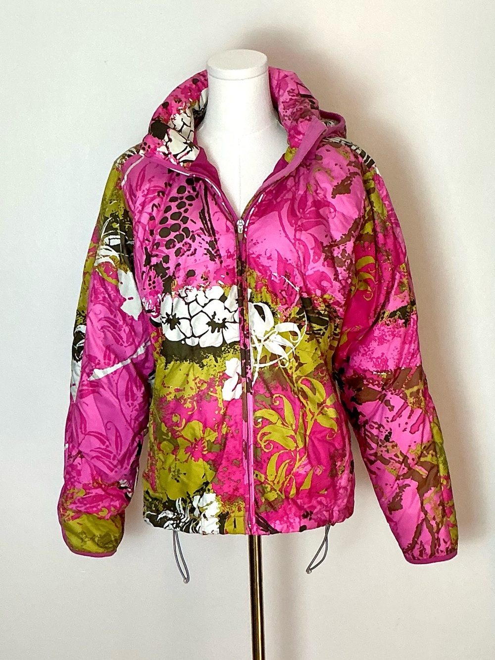 Obermeyer Pink Green Floral Down Feather Hooded Puffer Ski/Snowboard Jacket Sz 8